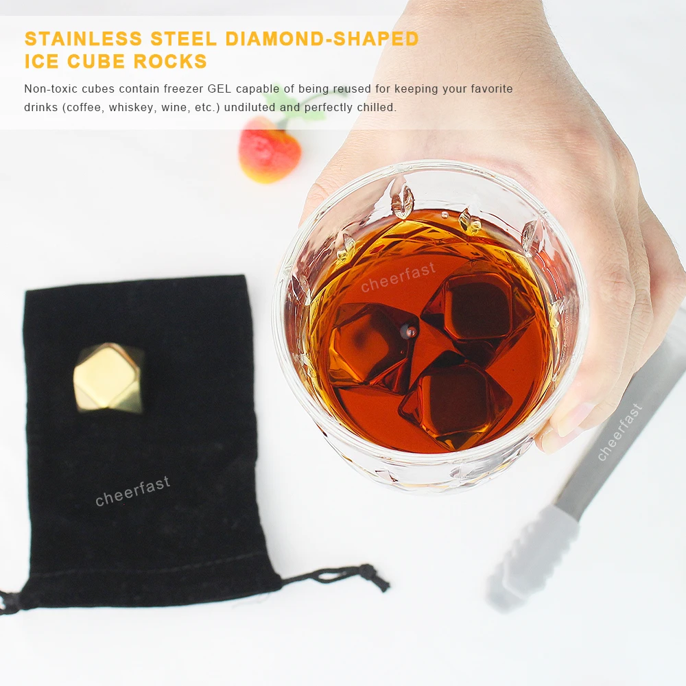 Personalized Ice Cube Metal 304 Stainless Steel Reusable Rhomboid Stone Chillers Silver Metal Rhombus Ice Cubes Rhomboid Shaped
