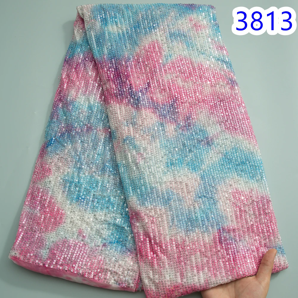 Colorful African Lace Fabric Sequins Mesh Luxury Heavy 2024 High Quality Nigerian French Tulle Fabric for Women DIY Dress 3813