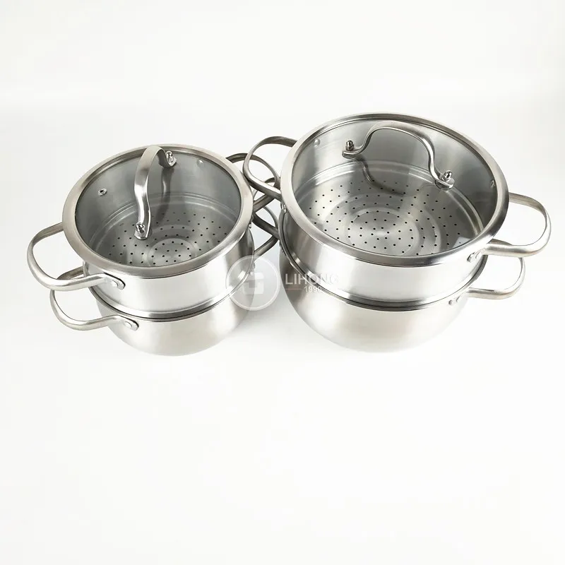 LIHONG Wholesale Stainless Steel Cookware 2 Layer Steamed Milk Pot dIfferent Size and Steaming Rack Soup Pot with Cover
