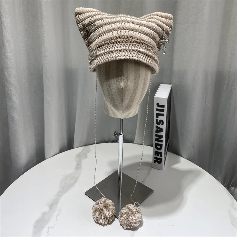 Korean Striped Knit Hat with Pom Warm Furry Ladies Winter hat Y2K Cute Cat Ear Beanie Hats