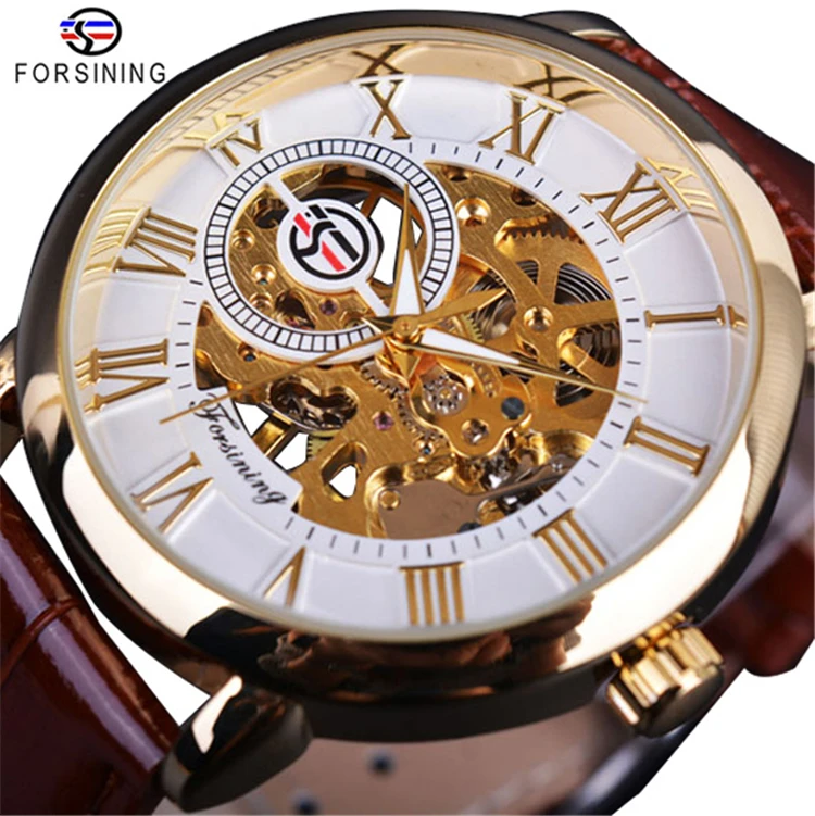 Forsining GMT838 3d Logo Design Hollow Engraving Gold Case Leather Skeleton Mechanical Watches Men Luxury Brand Heren Horloge