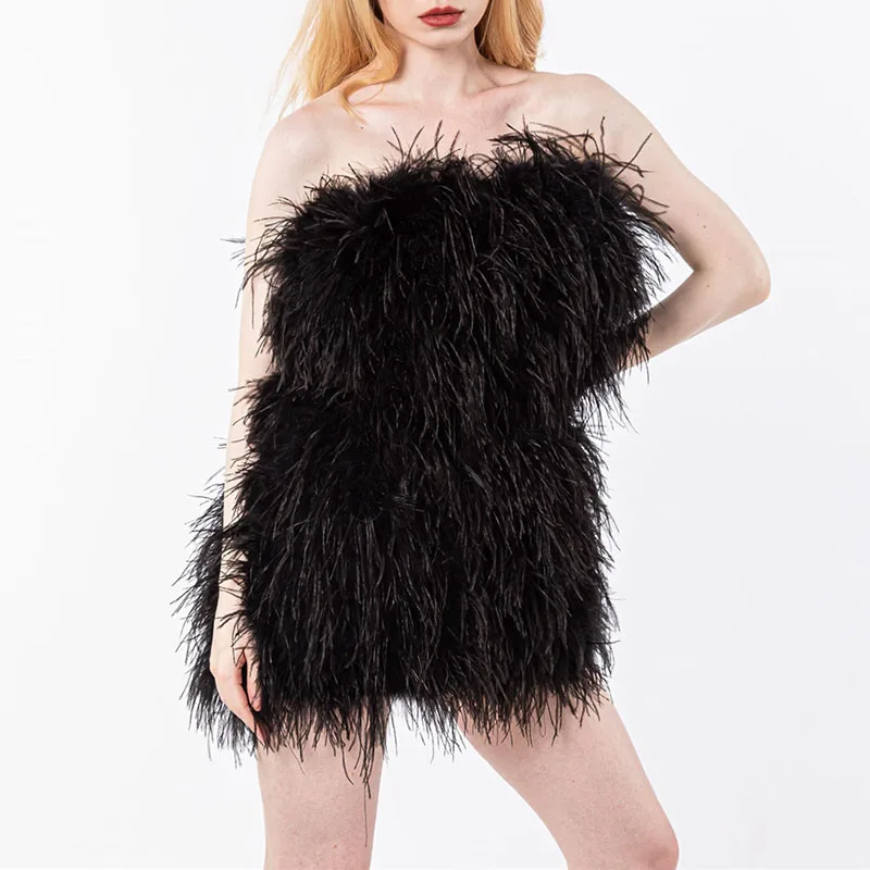 Long Pink Wrap Feather Fur Dress Party Ostrich Feather Dress for Ladies