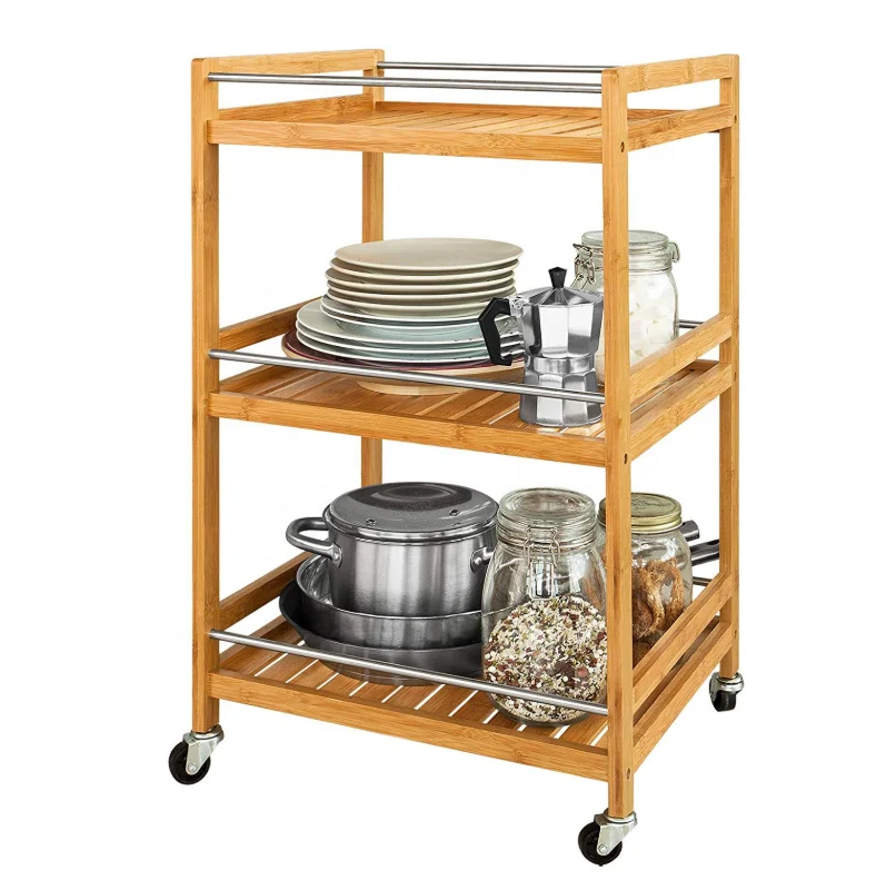 Wooden 3-tier Shelves Kitchen Serving Trolley Cupboard with Casters Wheels Kitchen Storage Serving Cart