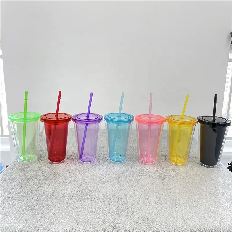 Clear Tumbler 10oz 16oz Insulated Clear double wall acrylic plastic Multicolor stock with Colored Lids and Reusable Straws