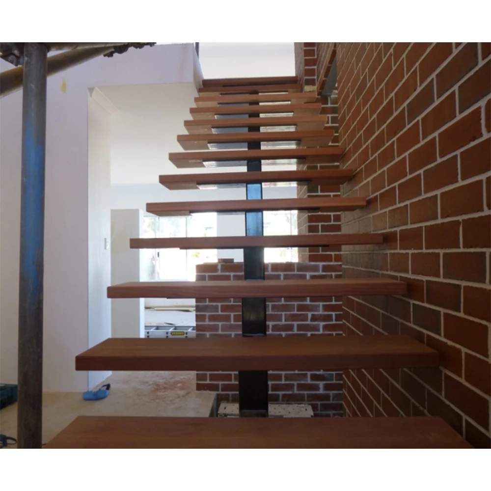 Steel Spine Deck Red Oak Wood Stair Single Double Stringer Stairs Curved Staircase