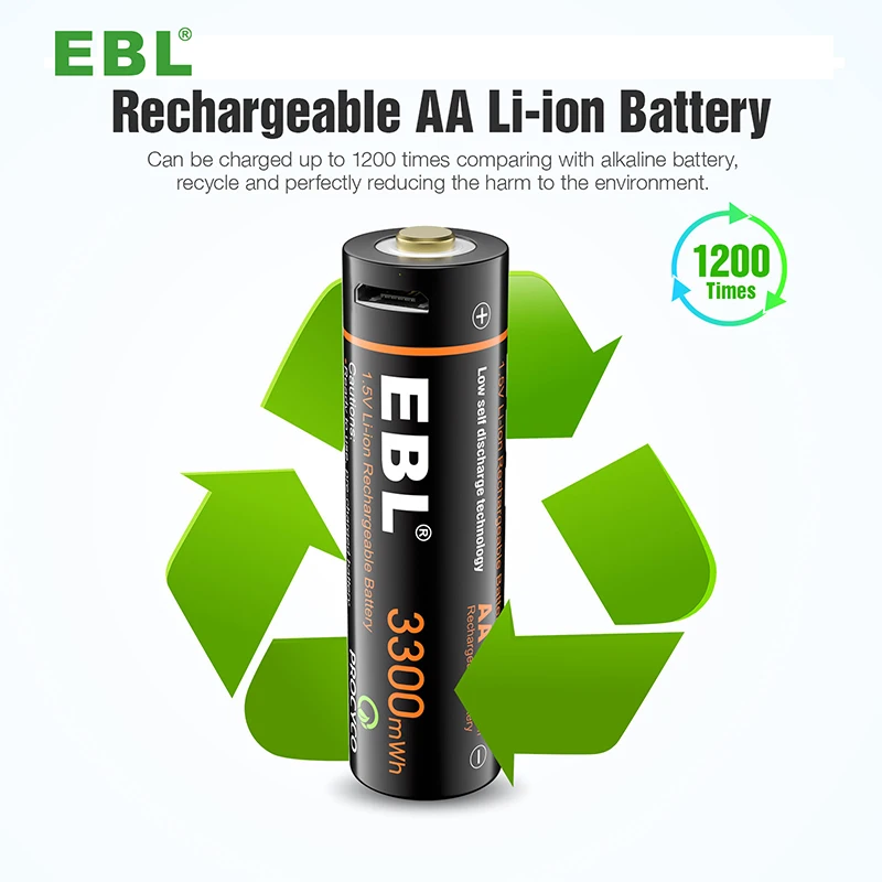 4 Pack Quick Charging EBL USB Rechargeable AA Batteries 1.5V Lithium Batteries AA 3300mWh With Micro USB Cable