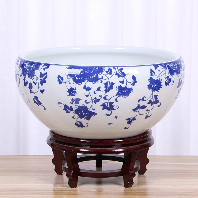 Jingdezhen Porcelain Pot Blue White Ceramic Flowerpot Bowl Living Room Decoration Featuring Lotus Grass Green Pork