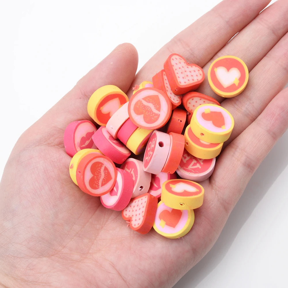 10Pcs/Lot 15mm Heart Polymer Clay Beads 8 Style Love Stripe Heart Space Beads For Jewelry Making Bracelet DIY Home Craft