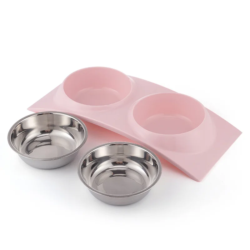 Dog Puppy Cat Twin Double Dish Plastic Water Food Bowl with stainless steel feeder
