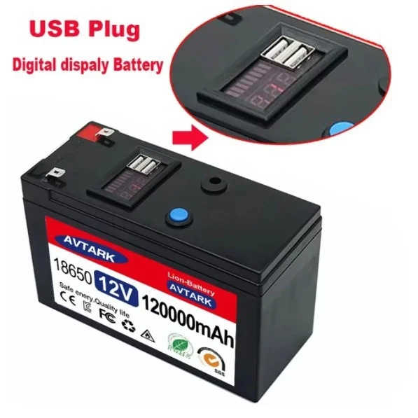 Portable 12V 120AH Rechargeable 18650 Battery Charger Digital Display USB Socket BMS Protection Board Solar 3C Home Appliances