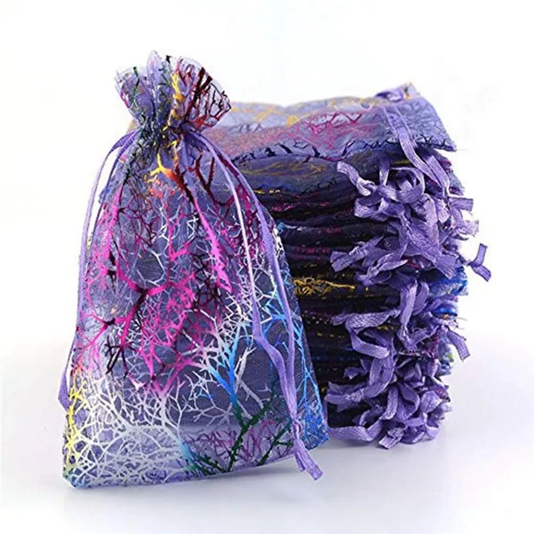 Organza Drawstring Bags For Jewelry Packaging Multi-size Colorful Trees Printing For Party Wedding Candy