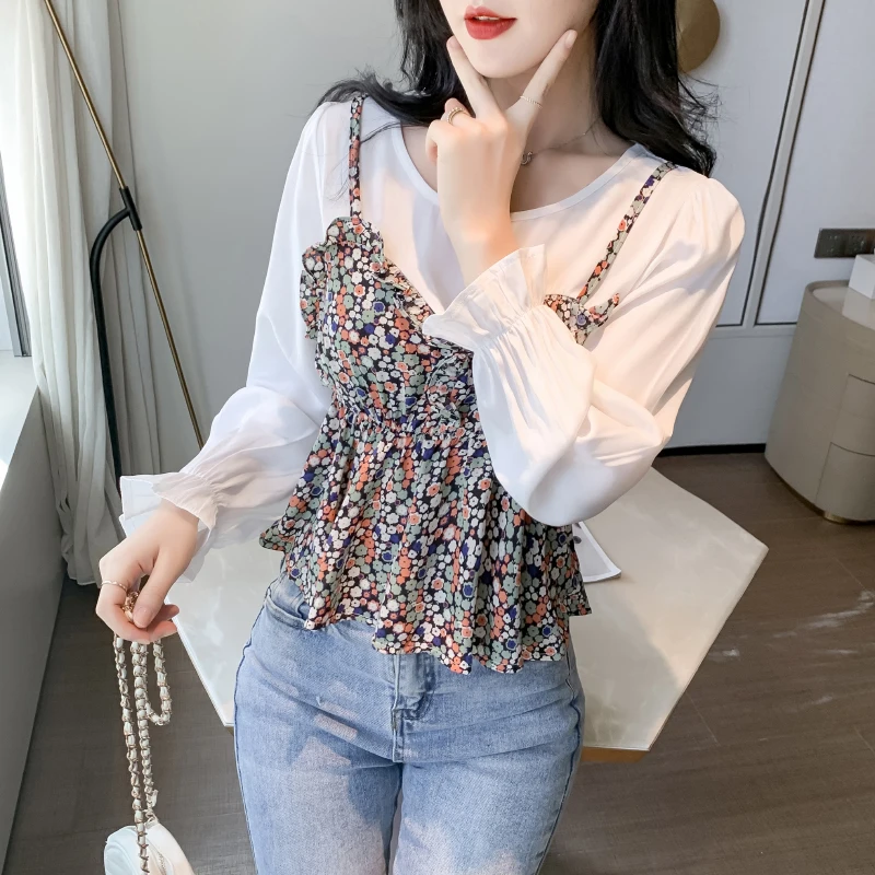 
Chiffon Blouse Elegant O Neck Women Bubble Long Sleeve patchwork Blouse Korean Fashion Ladies Sweet Floral Peplum Blouse 