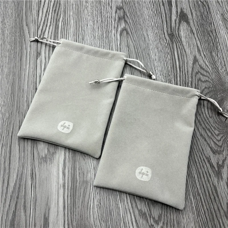 Wholesale luxury grey velvet drawstring jewelry bag with embossed logo for watch/eyewear