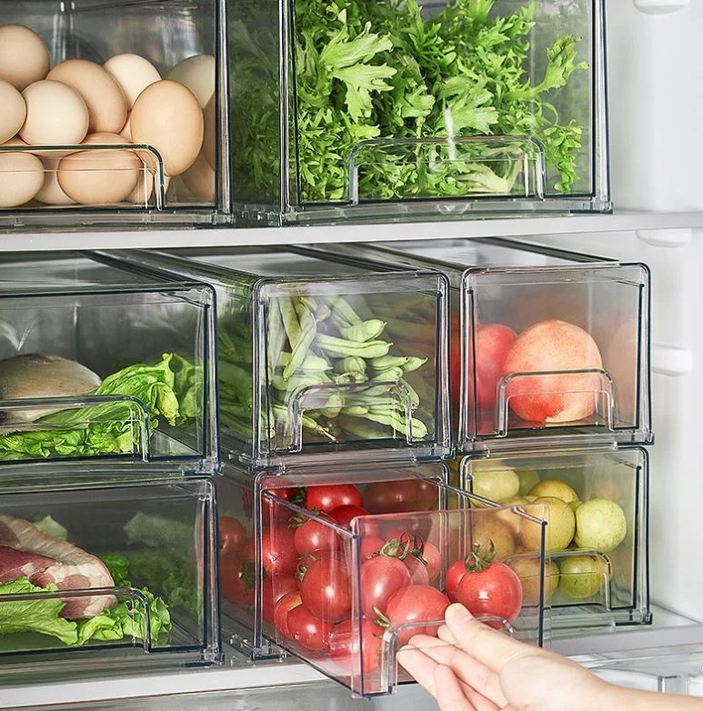 2 Pack Stackable Refrigerator Pull-out Drawer Drawable Clear Fridge Plastic Kitchen Pantry Storage Containers Organizer Bins set