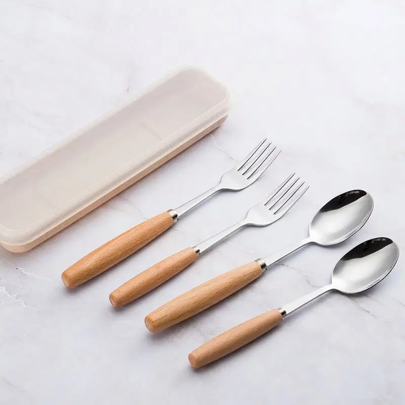 Children dinnerware setsStainless Steel Spoons with Wooden Handle Metal Fork Natural Wood Forks Sets Plastic Box Package
