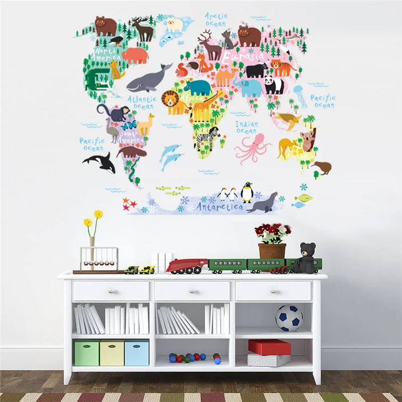 cartoon animals world map wall stickers for kids rooms office home decor pvc wall decals diy mural art posters decorations