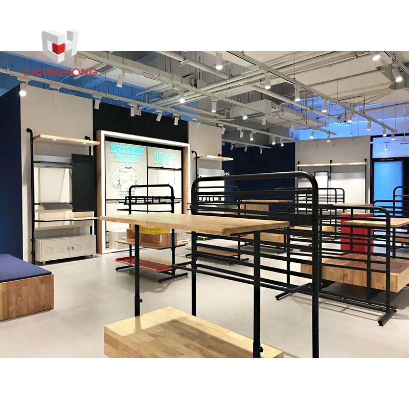 Shop fitting commercial clothes shop interior retail metal clothing store display fixtures and wall hangers for garment display