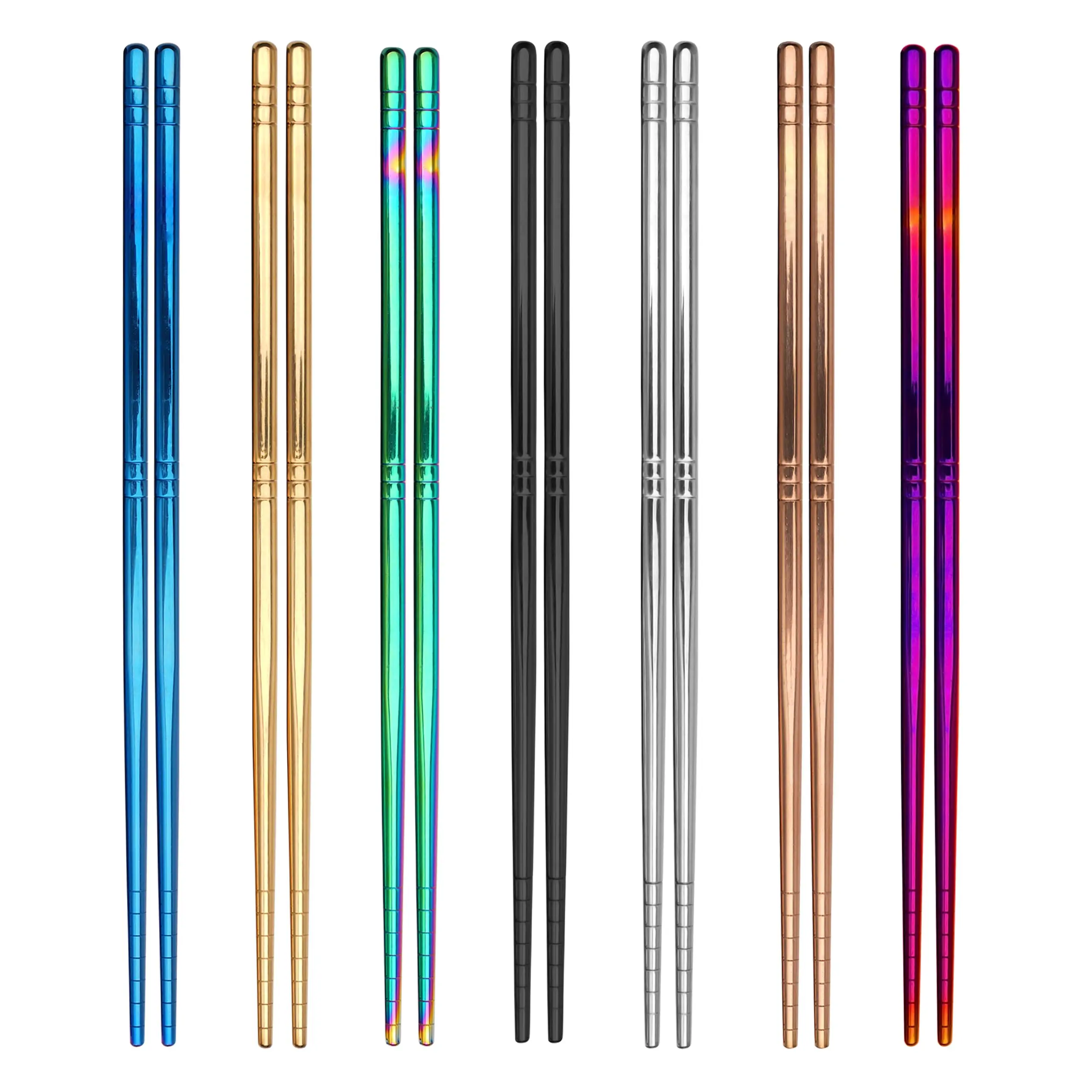 Metal Chopsticks, 7 Colors Reusable Stainless Steel Chopsticks, 13 Rings Pattern Non-slip Dishwasher Safe Chop Sticks, Square