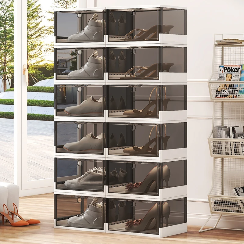 Wholesale Magnetic Stackable Shoe Storage Boxes Free Installation Foldable Plastic Transparent Sneakers Shoe Rack