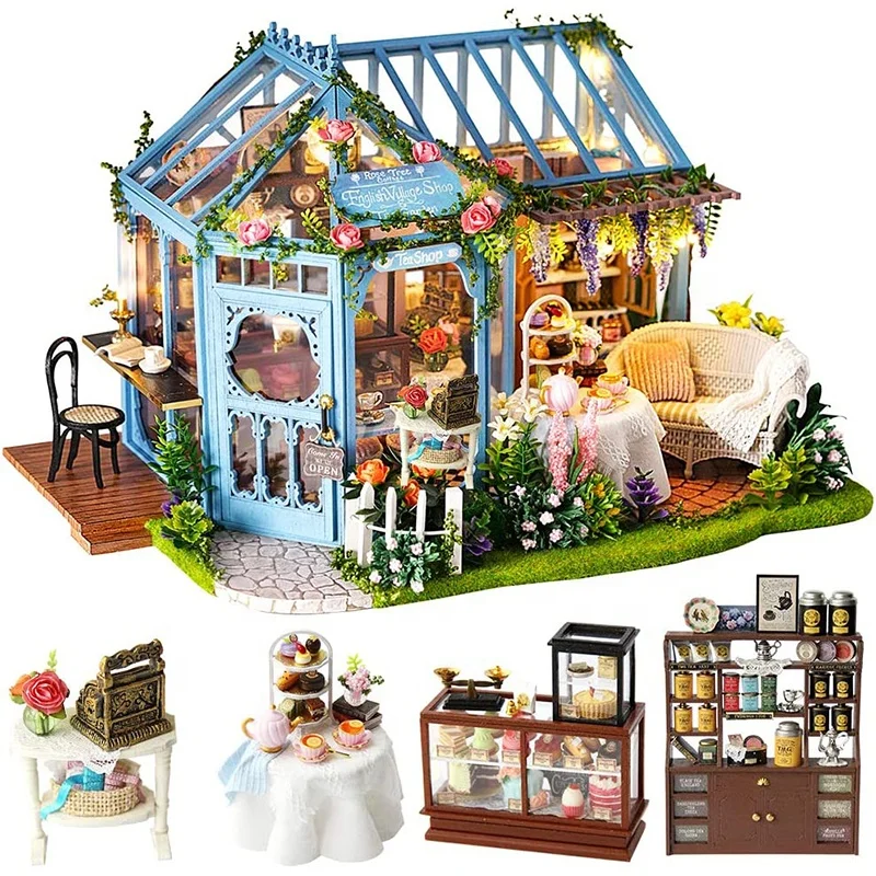 Wholesale Gift Idea Rose Garden Tea 3D Doll House DIY 1 24 Scale Creative Room Kit Dollhouse Miniature with Furniture