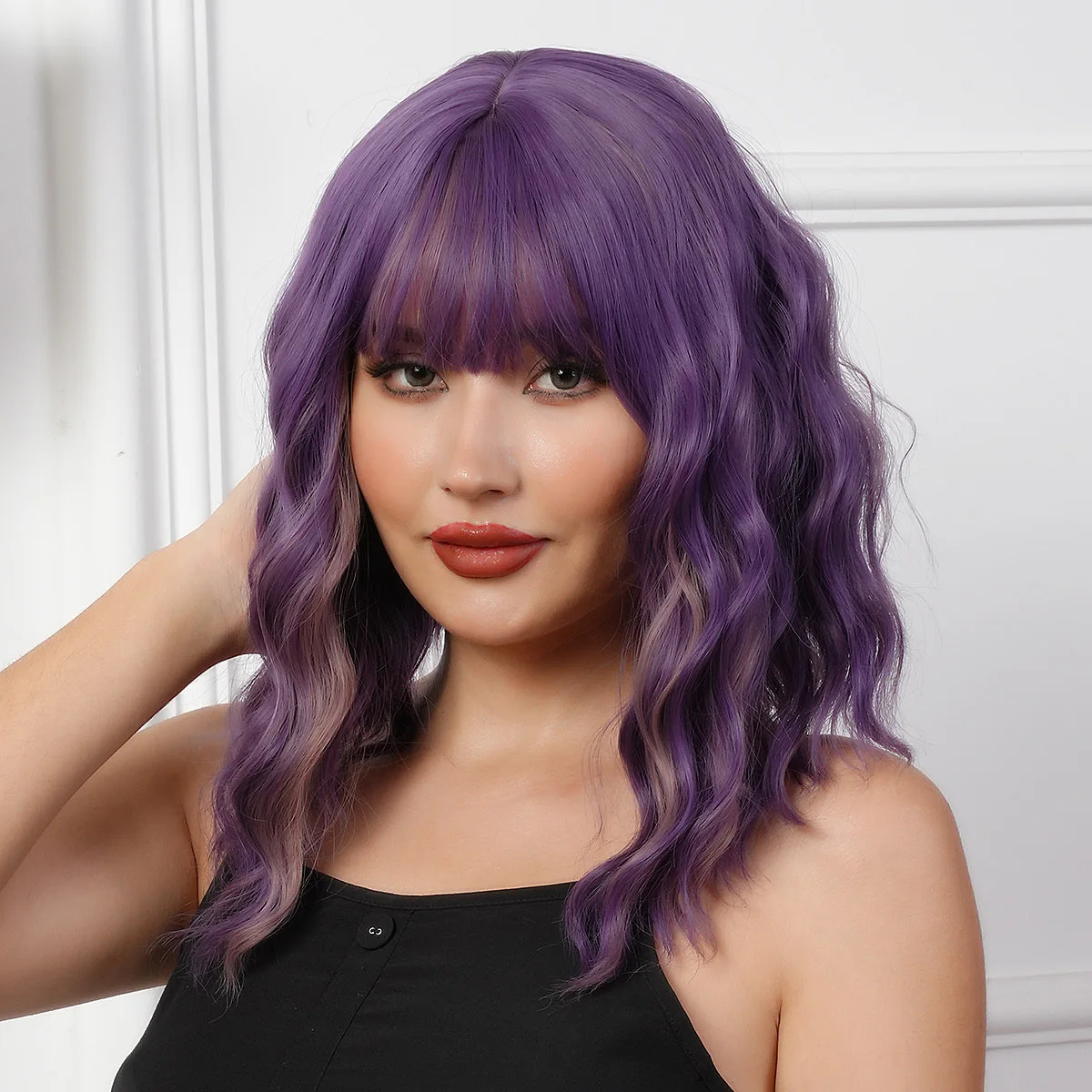 European Style Natural purple bob Curly Synthetic Lace Front short curly hair Wig