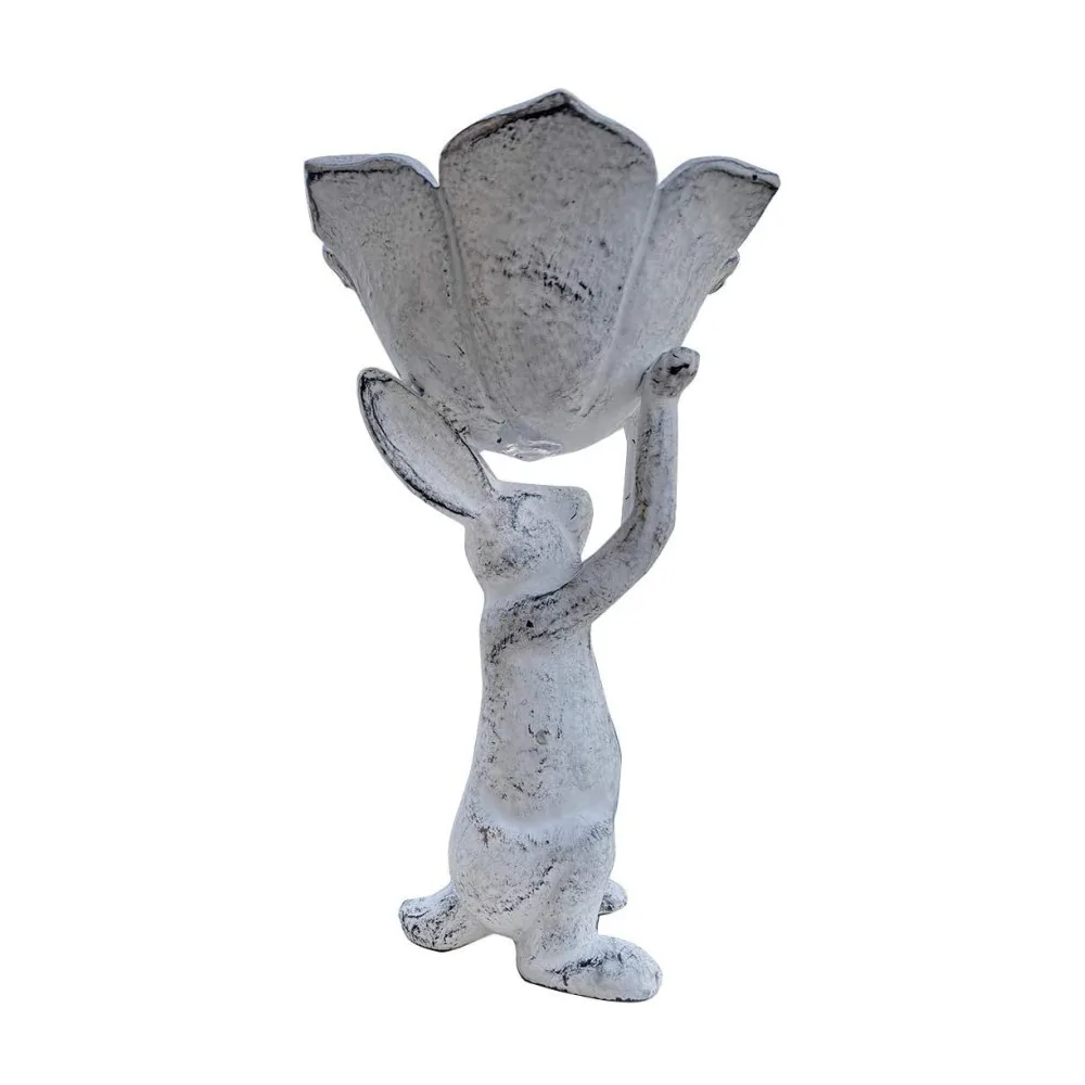 Oniya Distressed Antique White Cast Iron Planter Indoor Outdoor Bird Feeder Bunny Rabbit and Spring Tulip Yard Art Garden Decor