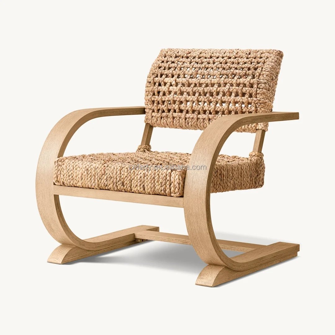Ferly 2024 New Modern Living Room Chair Handwoven Rattan Hyacinth Back Solid Oak Wood Side chair Accent Armchair