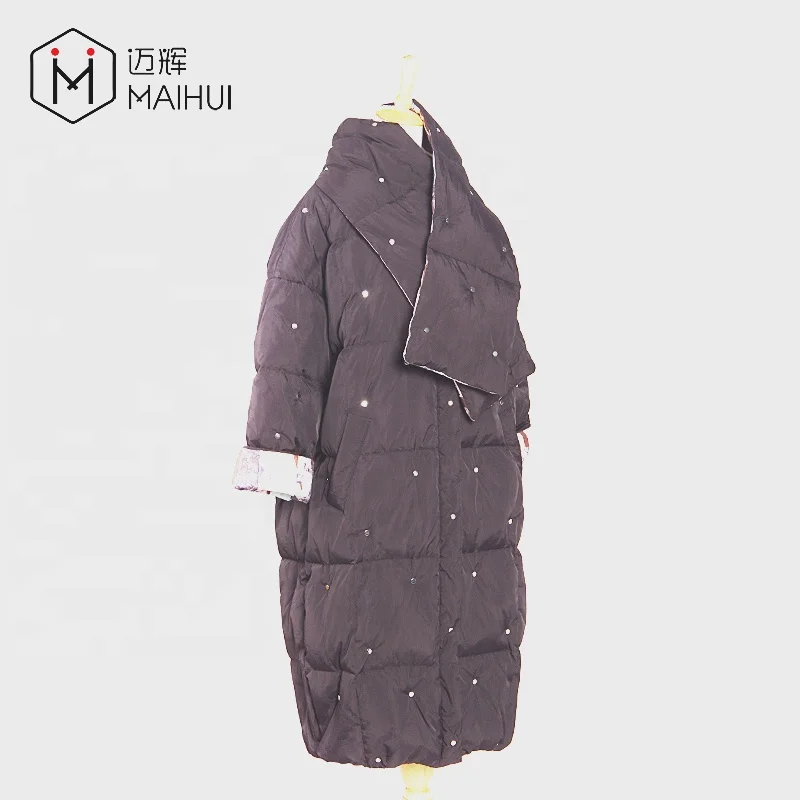 shawl collar  print lined metal rivet waterproof ladies winter coats
