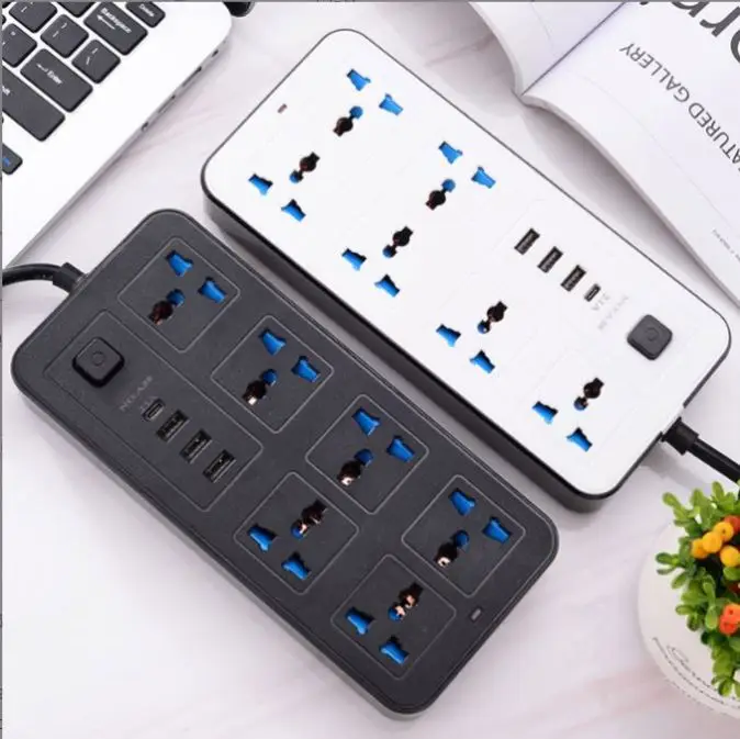6 Outlets Surge Protector Socket 3 Usb+Type-c Port Socket Power Socket With 2m Bold Extension Cord