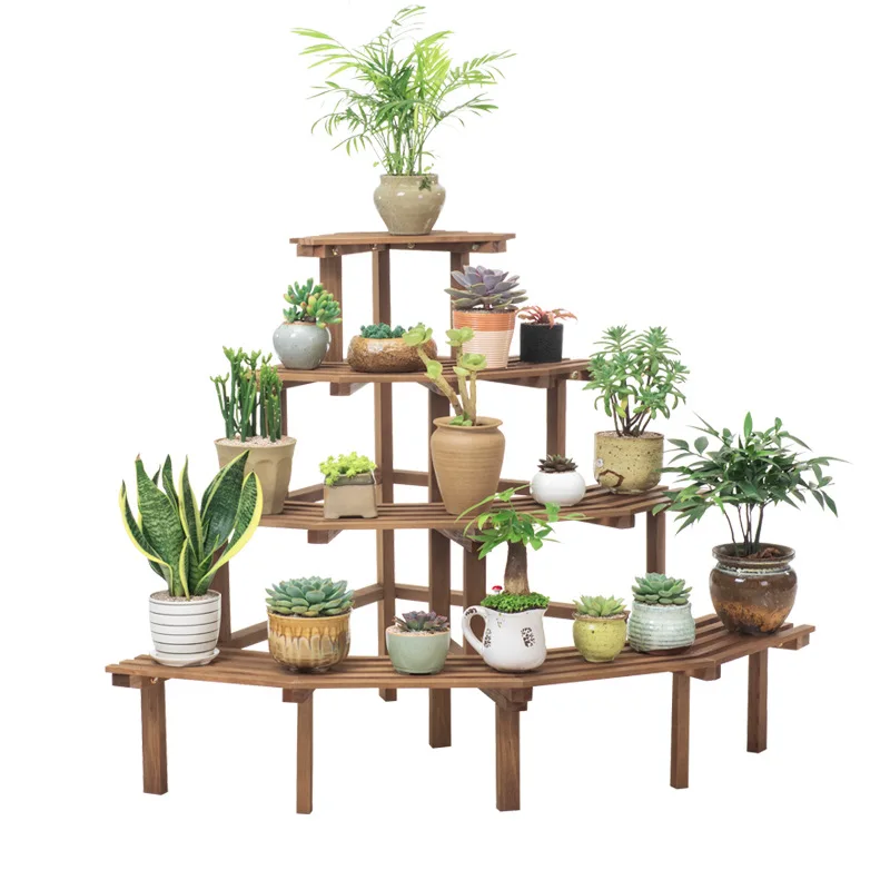4 Tiers Pine Natural Wood Corner Rack Flower Pot Stand Plant Display Shelf Garden Decor