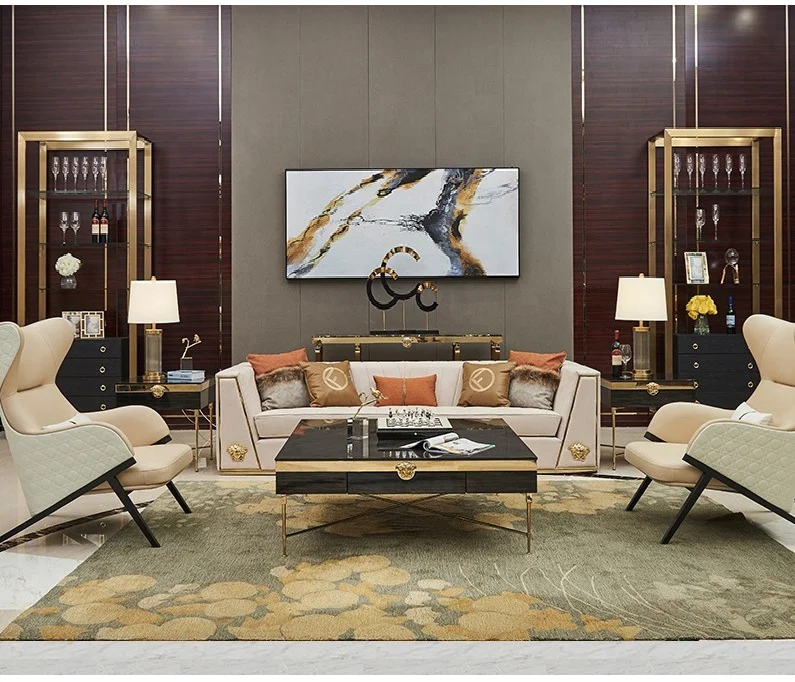 new model antique leisure 3 seat solid wood Italy design luxury sofa set