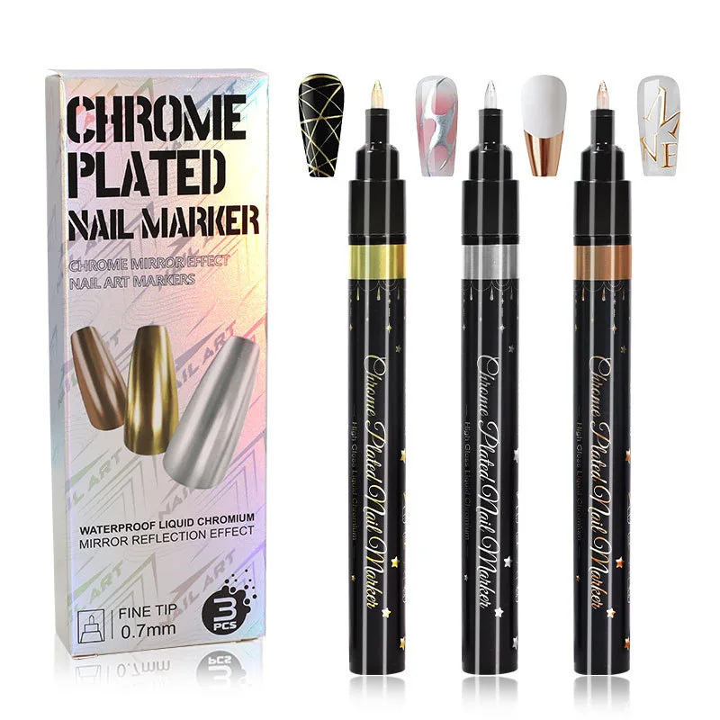 AS 3 Colors Metal mirror pen Gloss semi Permanent Reflective Mirror Chrome Pen Nail Supplies Metal nail Painting DIY Art pen