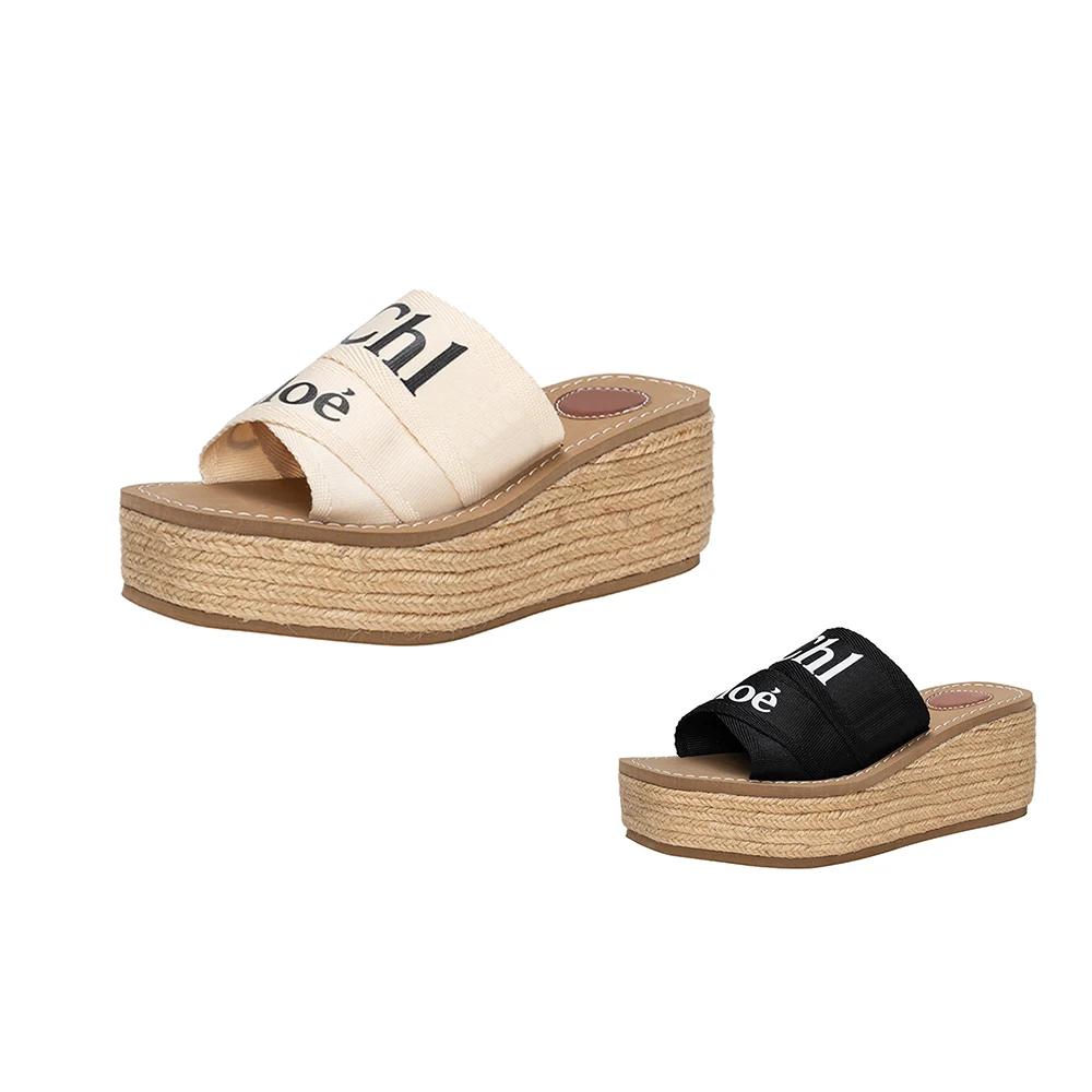 Летние женские сандалии из древесной ткани, парусиновые Эспадрильи на платформе с надписями и вышитыми крестом, удобные тапочки на танкетке, EU36-42 коробка