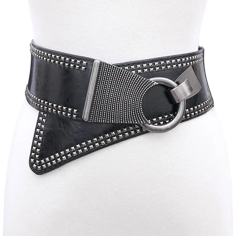 Punk Style Metal Diagonal Belt Elastic Personality Fashion Wild Wide Belt Rivet Decoration Ladies Dress Belt