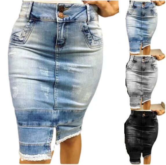2021 Wholesale New Dress Mid-length Split Tassel High Waist Irregular Skirt Ladies Jeans Skirts Denim Skirts