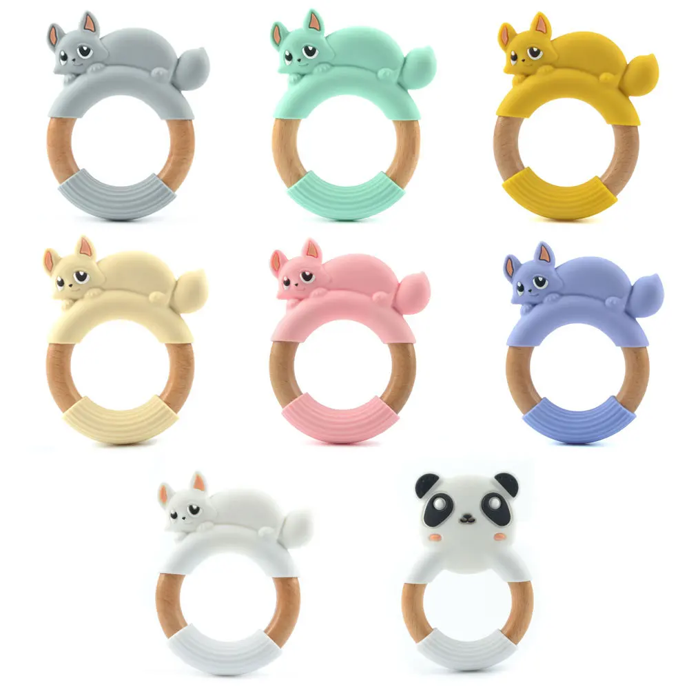 Wholesale Eco-friendly Non-toxic Panda Fox Wooden Ring Anti-eating Hand Wear-resistant Drop-resistant Baby Silicone Teether