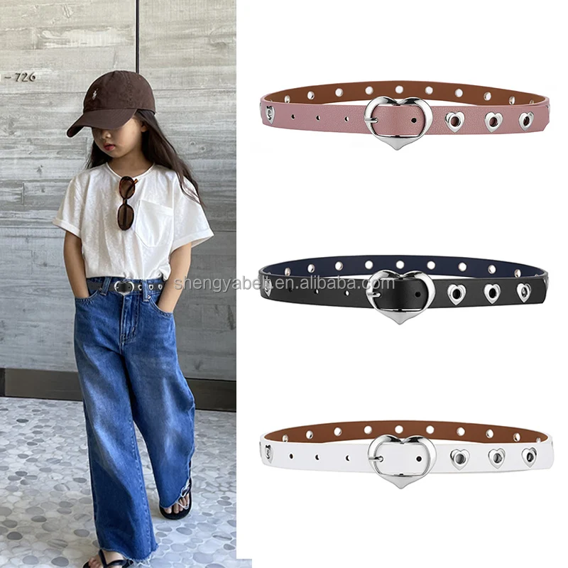 Factory Sale High Quality PU Leather Alloy Heart Shape Pin Buckle With Love Rivets PU Leather Waist Belt for Children