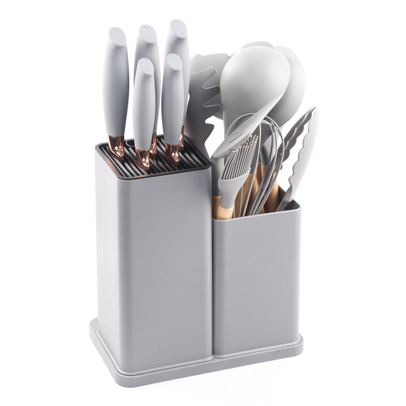 New design set of kitchen equipment accessories 19pcs grey silicone utensil kitchen knife with cutting board kitchen gadgets set