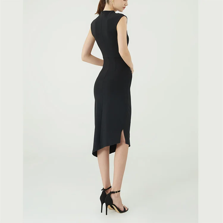 High Neck Slightly Capped Shoulder Pleats Across Waist And Mid-riff  Asymmetrical Hem Black Casual Dresses