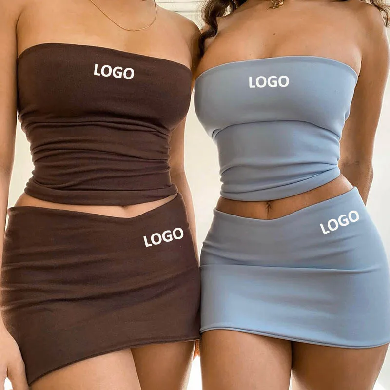 Customized logo new summer fashion casual one line strapless slim fit short skirt set conjuntos para mujeres