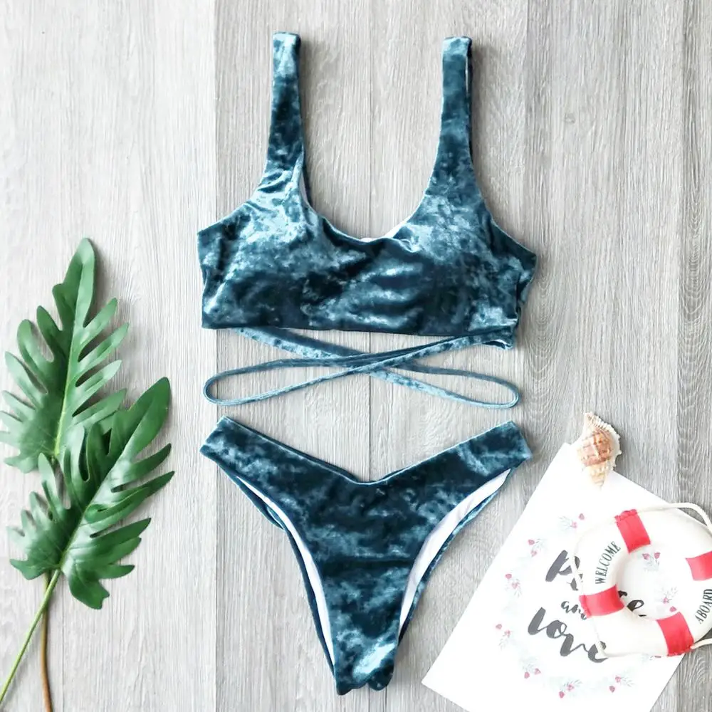 Wholesale Custom Velvet Swimwear Scrunch Butt Sexy Thong bikini for Women