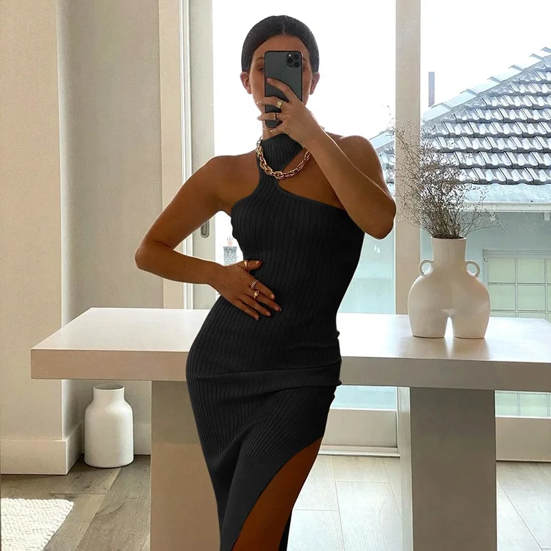 Summer 2021 Knitting Casual Dresses Women Indian Wholesale Bulk Casual Beach Solid Bodycon Slit One Shoulder Halter Midi Dress