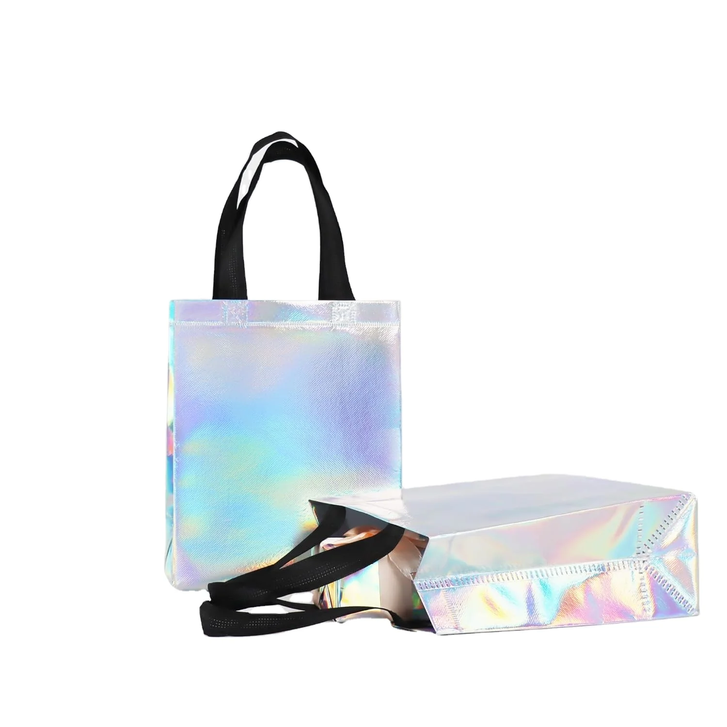 8x3.9x9.8 In 90gsmNon-woven Reusable Party Goodie Bags, Glossy Small Iridescent Gift Bags with Sturdy Bases for Birthday Party/