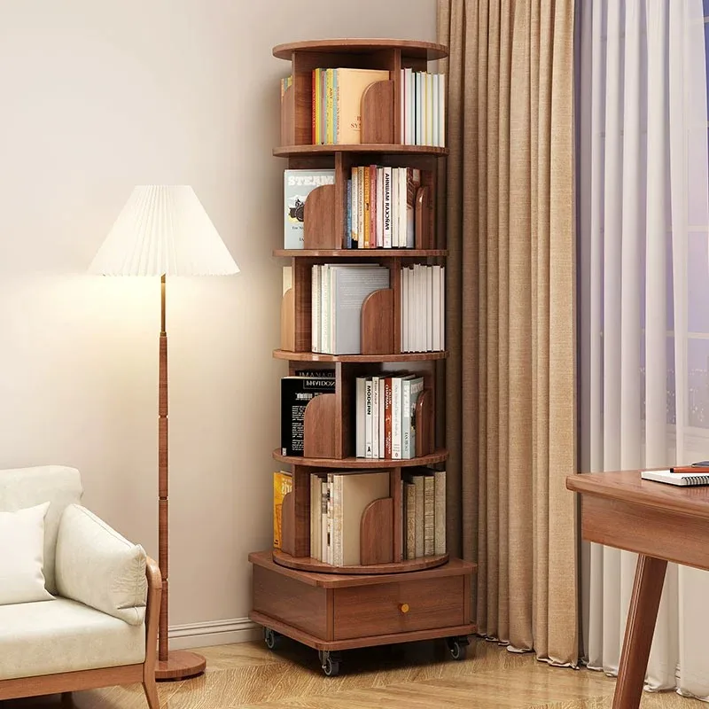 360 rotating bookshelf wheels removable solid wood bookcase home living room storage rack