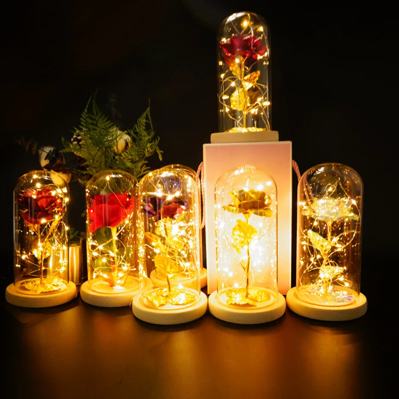 Luxury artificial rose flowers golden leaf rose table decoration light glass dome holiday gift led light rose flower