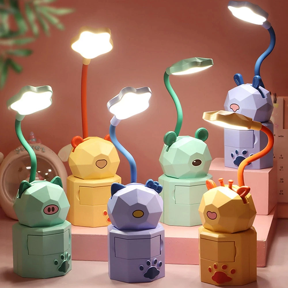 Kawaii Student Dormitory Cartoon Animal Table Lamp USB Charging Storage Night Reading Lamps Bedroom Cute Pet Desk Light Led