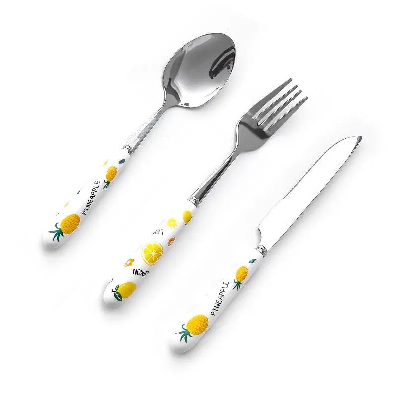 Cute Fruit Pattern Stainless Steel Coffee Food Steak   Ceramic Knife Fork and Spoon Chopsticks Western Tableware Set