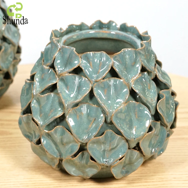 Custom light green copper reactive glaze unique handmade porcelain decoration table vases ceramic flower vase for home decor