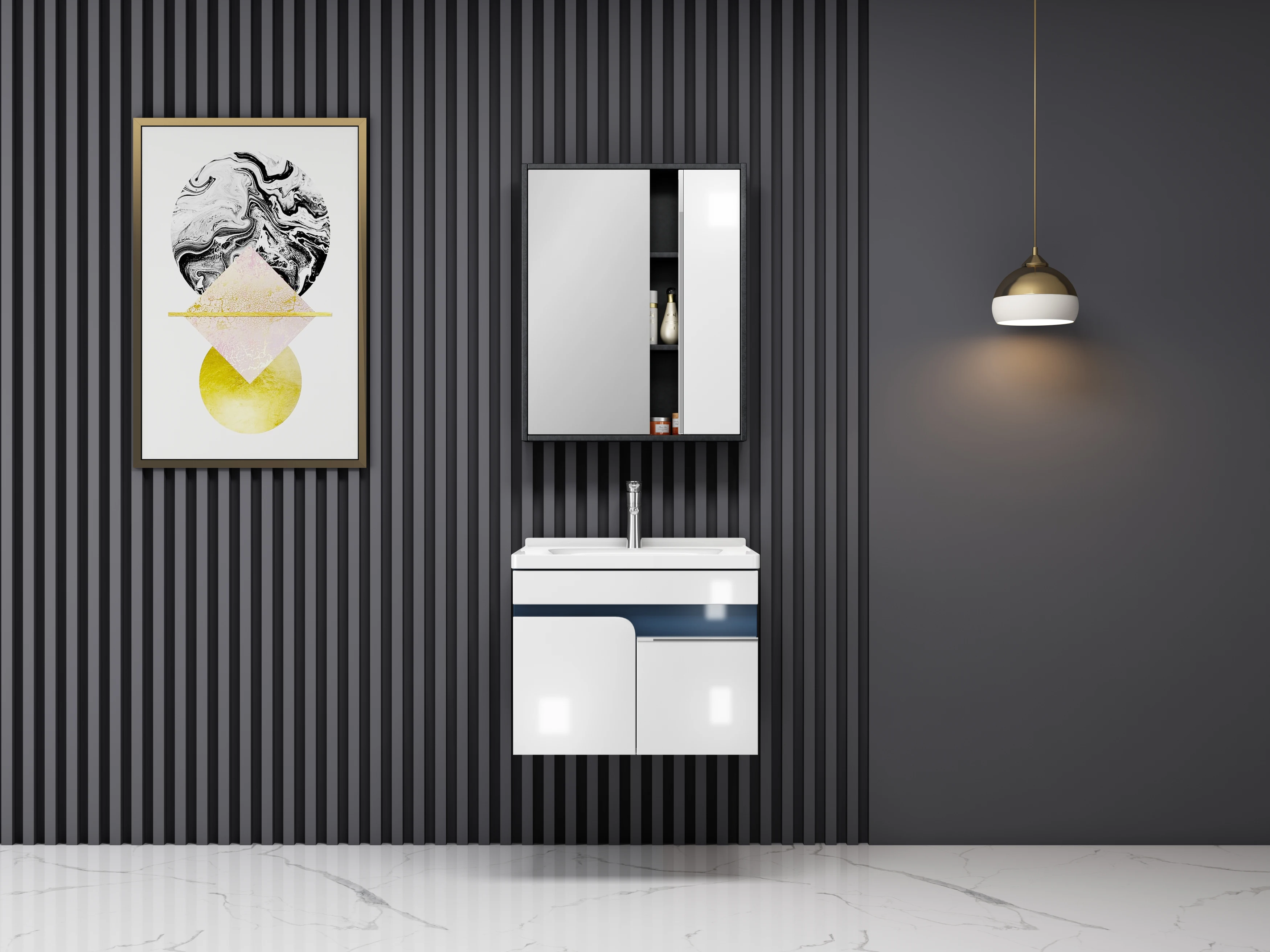 Factory direct sale modern designs PVC waterproof bathroom cabinet sinks pvc bathroom vanity with wall mirror