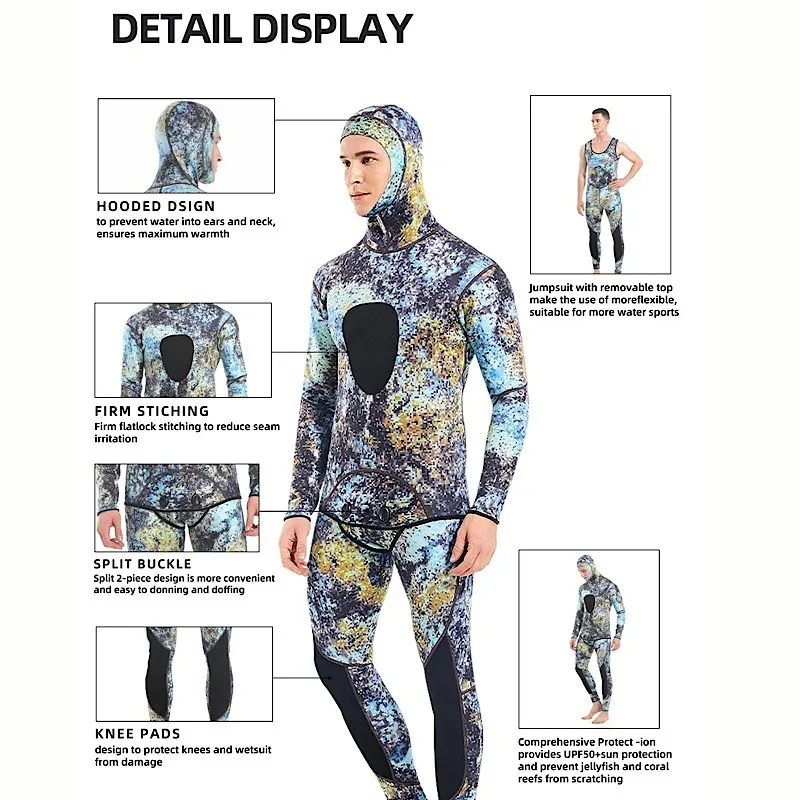 Hooded Camouflage 3MM Two-piece Neoprene Wetsuit For Scuba Diving Swimming Underwater Hunting Wetsuit Keeps Warm And Cold